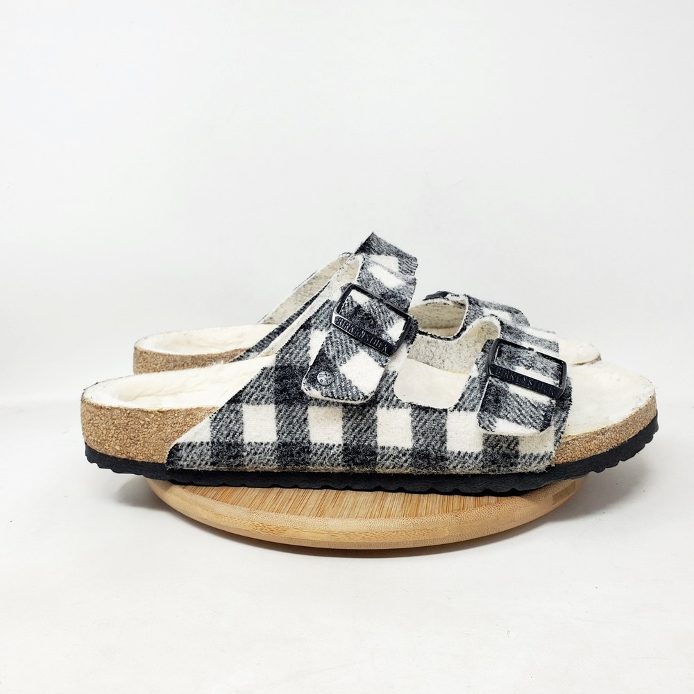 Birkenstock Arizona Shearling Sandal 44 Men 11 Black White Plaid Wool Slide Shoe
